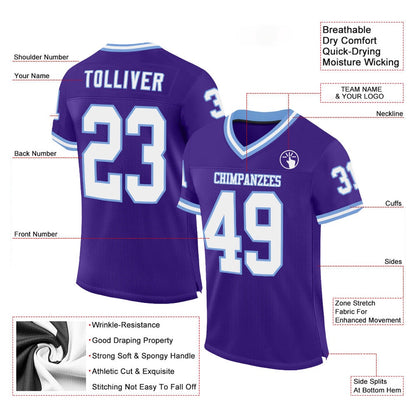 Custom Purple White Light Blue Mesh Authentic Throwback Football Jersey, Team Jerseys Football, Custom Football Jersey