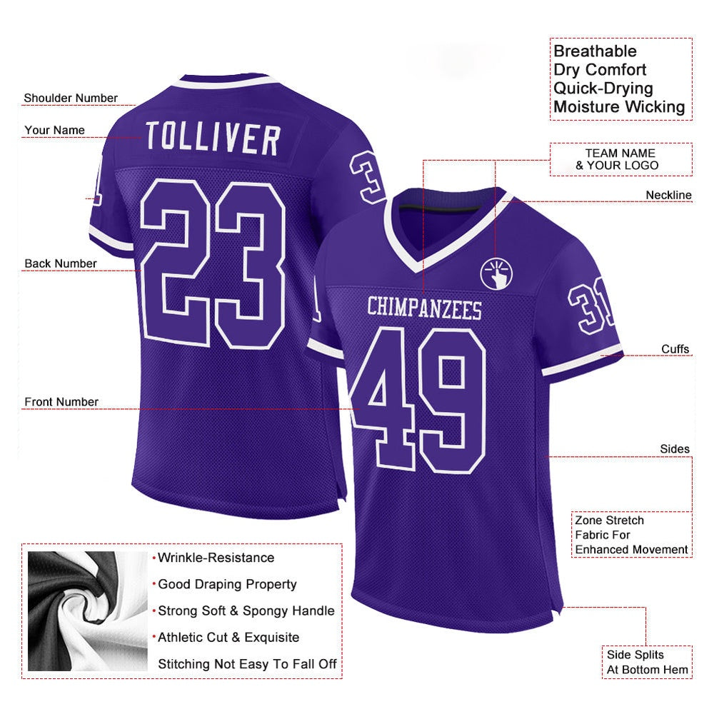 Custom Purple White Mesh Authentic Throwback Football Jersey, Team Jerseys Football, Custom Football Jersey