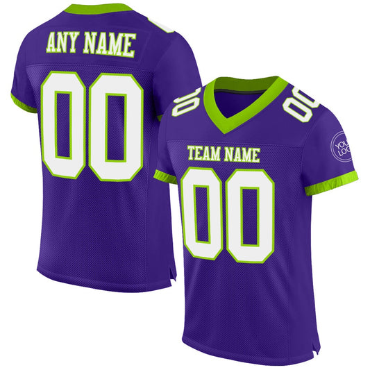 Custom Purple White Neon Green Mesh Authentic Football Jersey, Team Jerseys Football, Custom Football Jersey