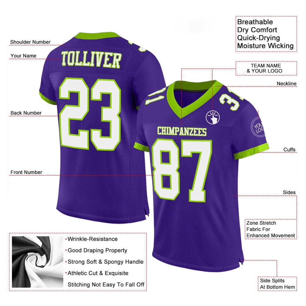 Custom Purple White Neon Green Mesh Authentic Football Jersey, Team Jerseys Football, Custom Football Jersey