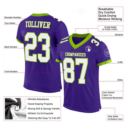 Custom Purple White Neon Green Mesh Authentic Football Jersey, Team Jerseys Football, Custom Football Jersey