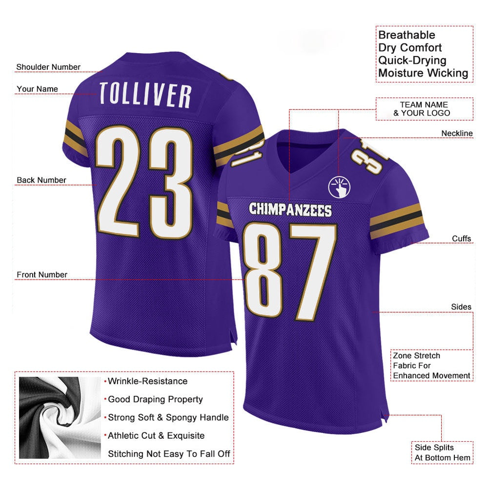 Custom Purple White Old Gold Mesh Authentic Football Jersey, Team Jerseys Football, Custom Football Jersey