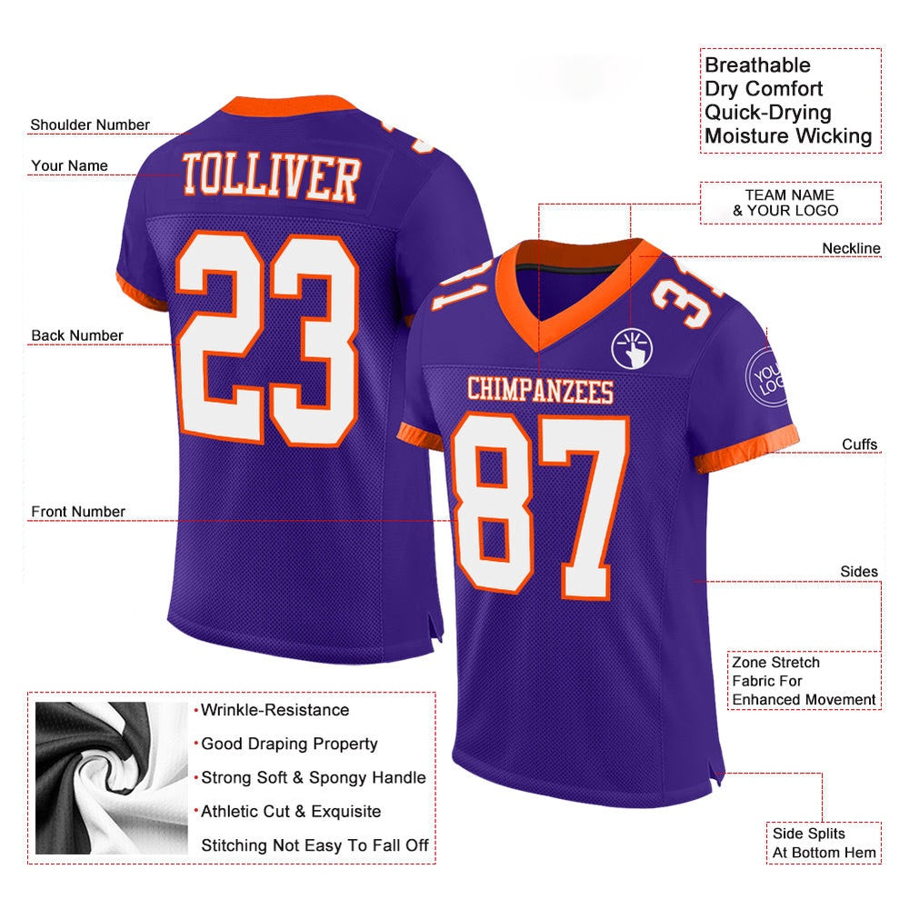 Custom Purple White Orange Mesh Authentic Football Jersey, Team Jerseys Football, Custom Football Jersey