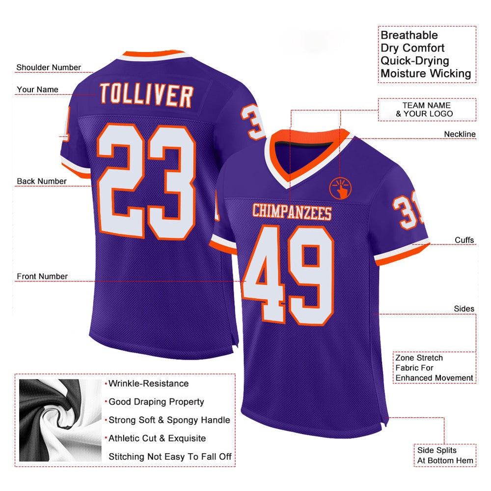 Custom Purple White Orange Mesh Authentic Throwback Football Jersey, Team Jerseys Football, Custom Football Jersey