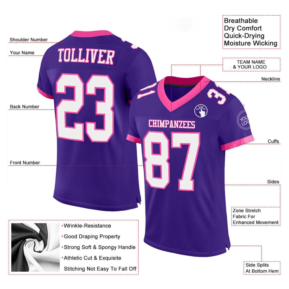 Custom Purple White Pink Mesh Authentic Football Jersey, Team Jerseys Football, Custom Football Jersey