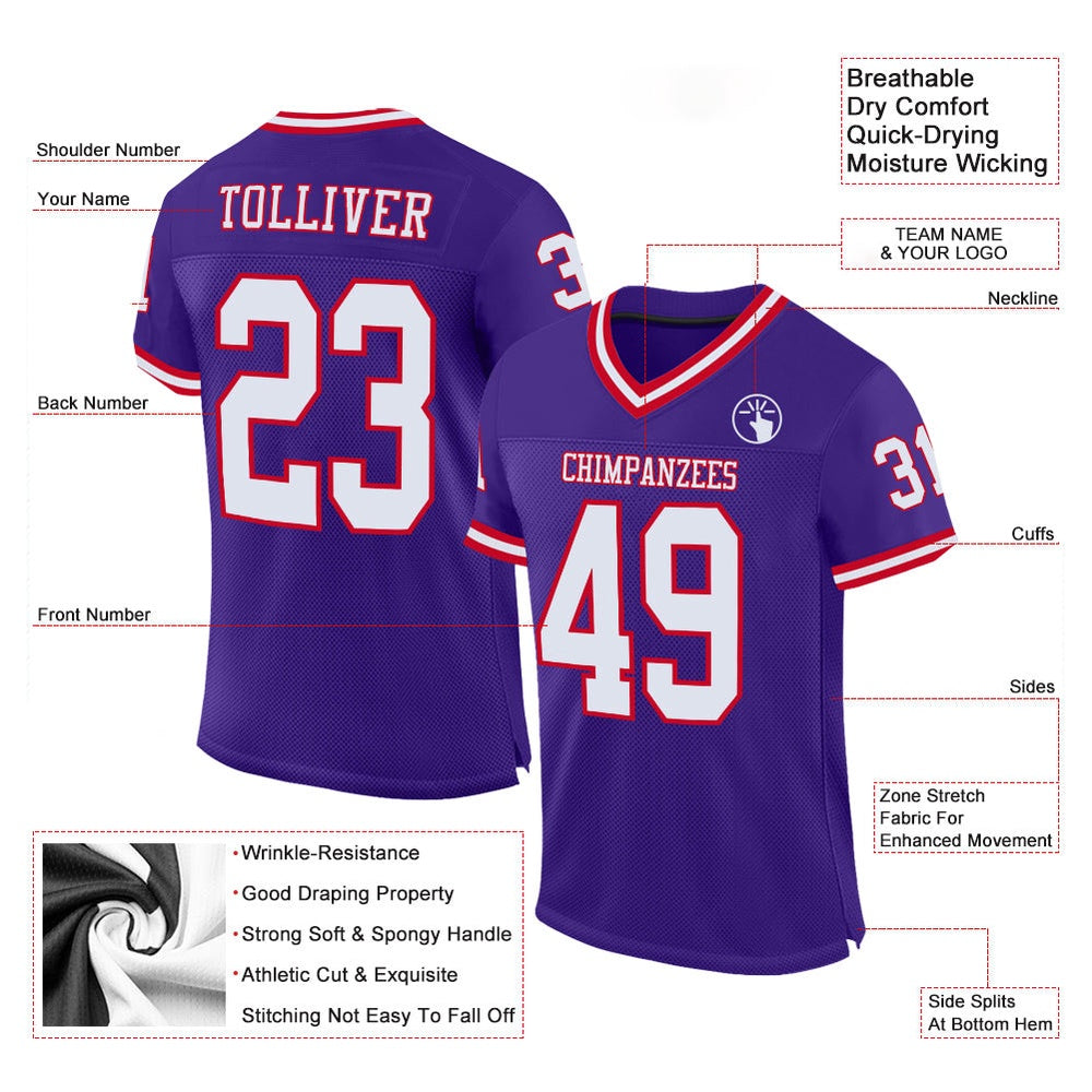 Custom Purple White Red Mesh Authentic Throwback Football Jersey, Team Jerseys Football, Custom Football Jersey