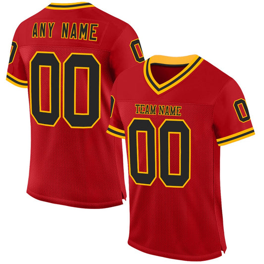 Custom Red Black Gold Mesh Authentic Throwback Football Jersey, Team Jerseys Football, Custom Football Jersey