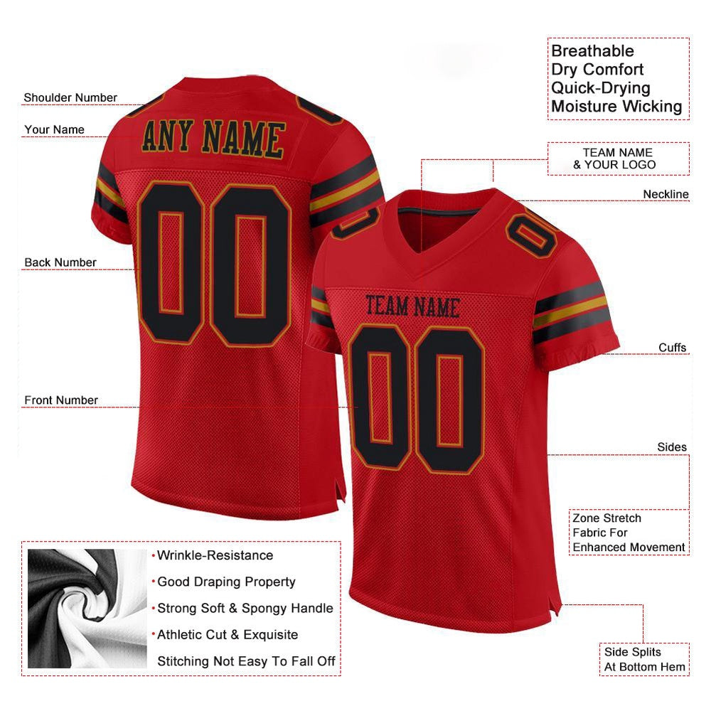 Custom Red Black Old Gold Mesh Authentic Football Jersey, Team Jerseys Football, Custom Football Jersey
