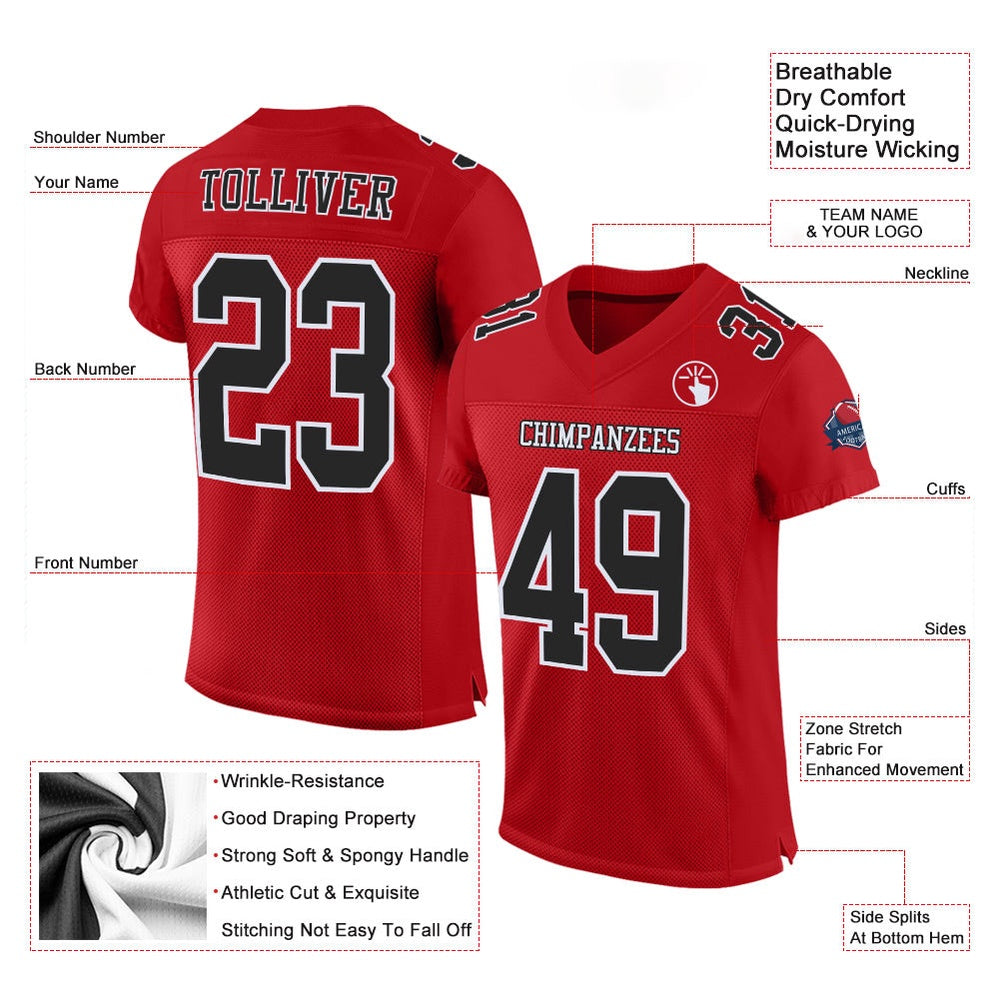 Custom Red Black White Mesh Authentic Football Jersey, Team Jerseys Football, Custom Football Jersey
