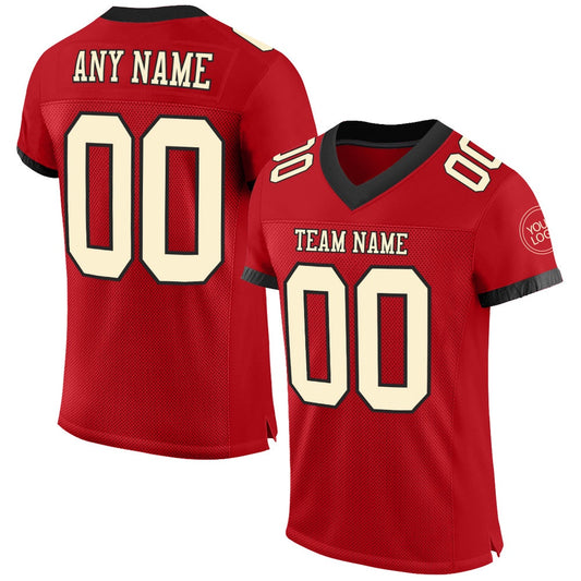 Custom Red Cream Black Mesh Authentic Football Jersey, Team Jerseys Football, Custom Football Jersey