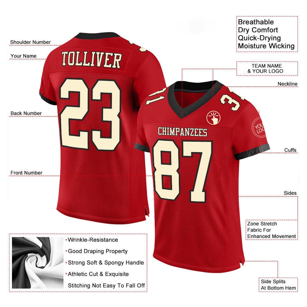 Custom Red Cream Black Mesh Authentic Football Jersey, Team Jerseys Football, Custom Football Jersey