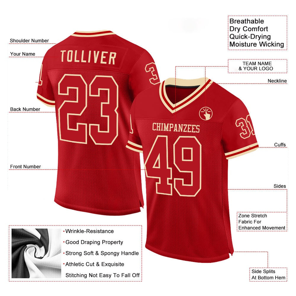 Custom Red Cream Mesh Authentic Throwback Football Jersey, Team Jerseys Football, Custom Football Jersey