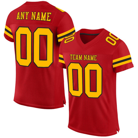 Custom Red Gold Black Mesh Authentic Football Jersey, Team Jerseys Football, Custom Football Jersey