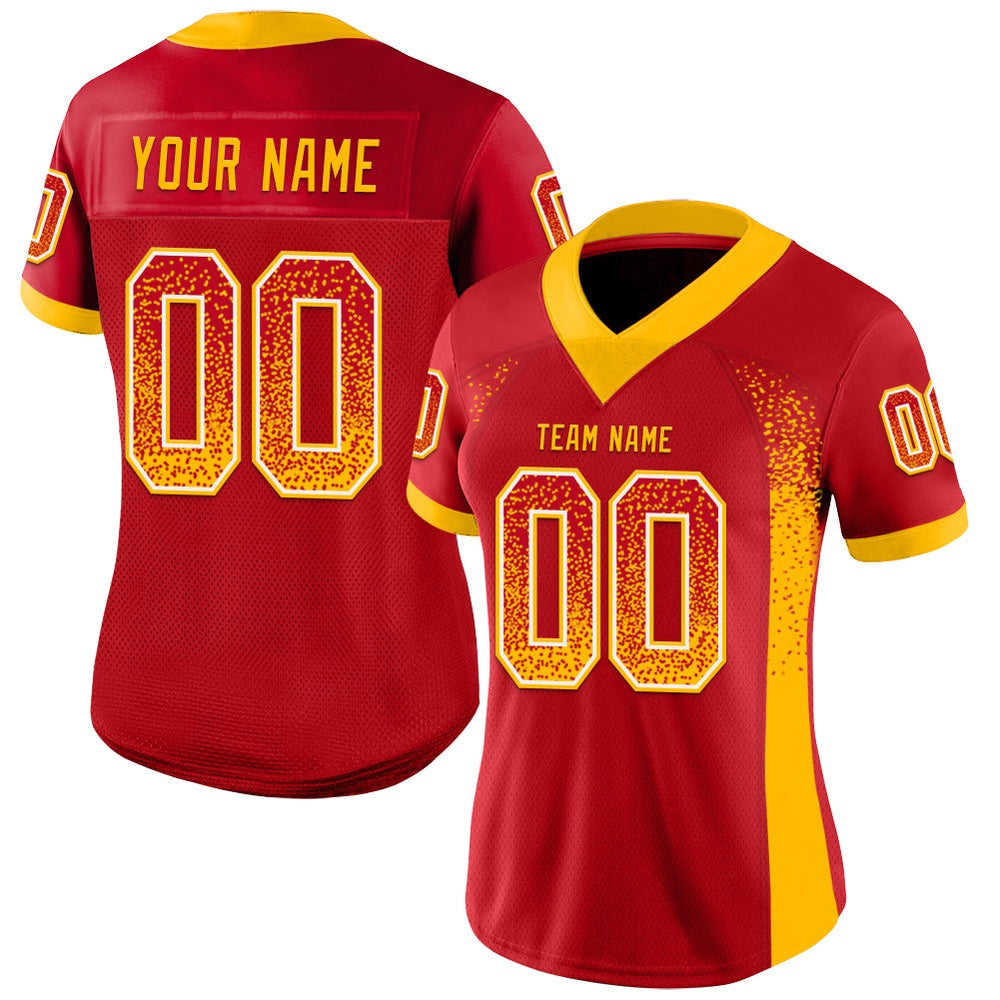 Custom Red Gold White Mesh Drift Fashion Football Jersey, Team Jerseys Football, Custom Football Jersey