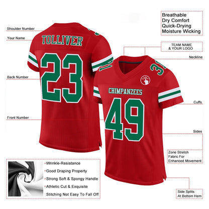 Custom Red Kelly Green White Mesh Authentic Football Jersey, Team Jerseys Football, Custom Football Jersey