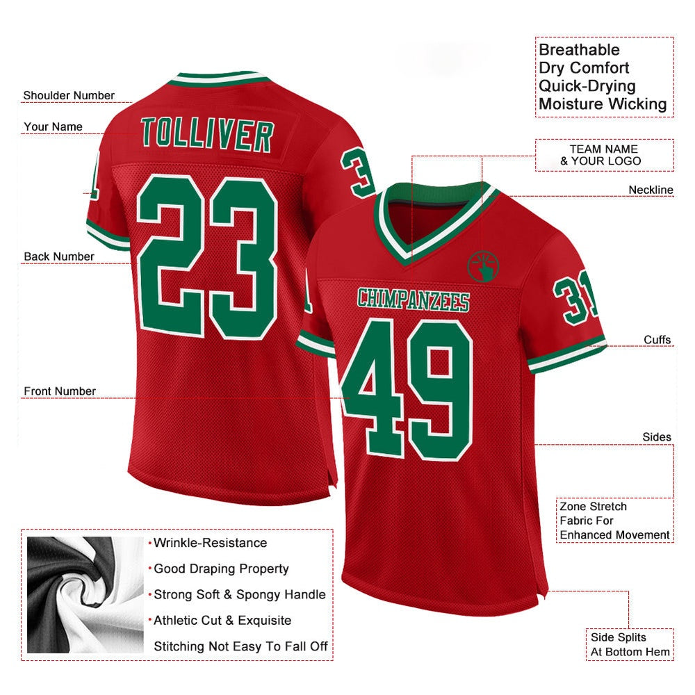 Custom Red Kelly Green White Mesh Authentic Throwback Football Jersey, Team Jerseys Football, Custom Football Jersey