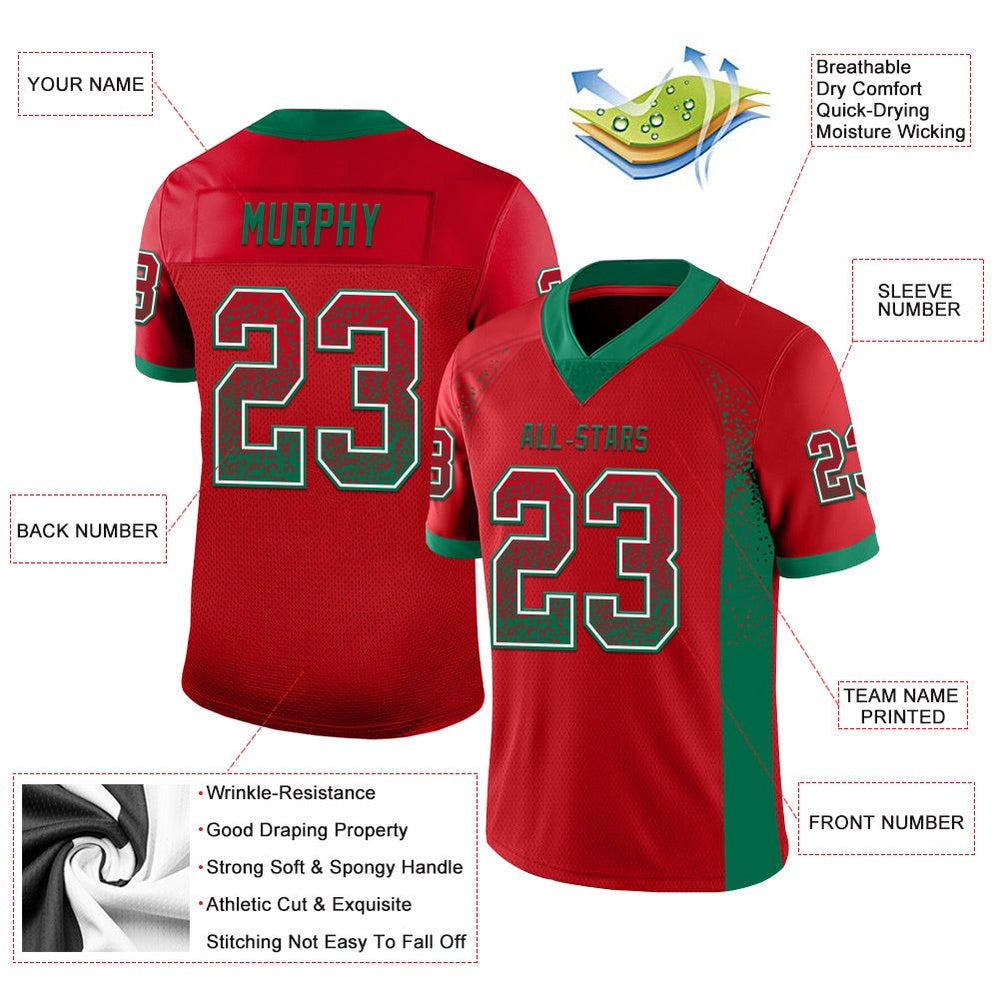 Custom Red Kelly Green White Mesh Drift Fashion Football Jersey, Team Jerseys Football, Custom Football Jersey