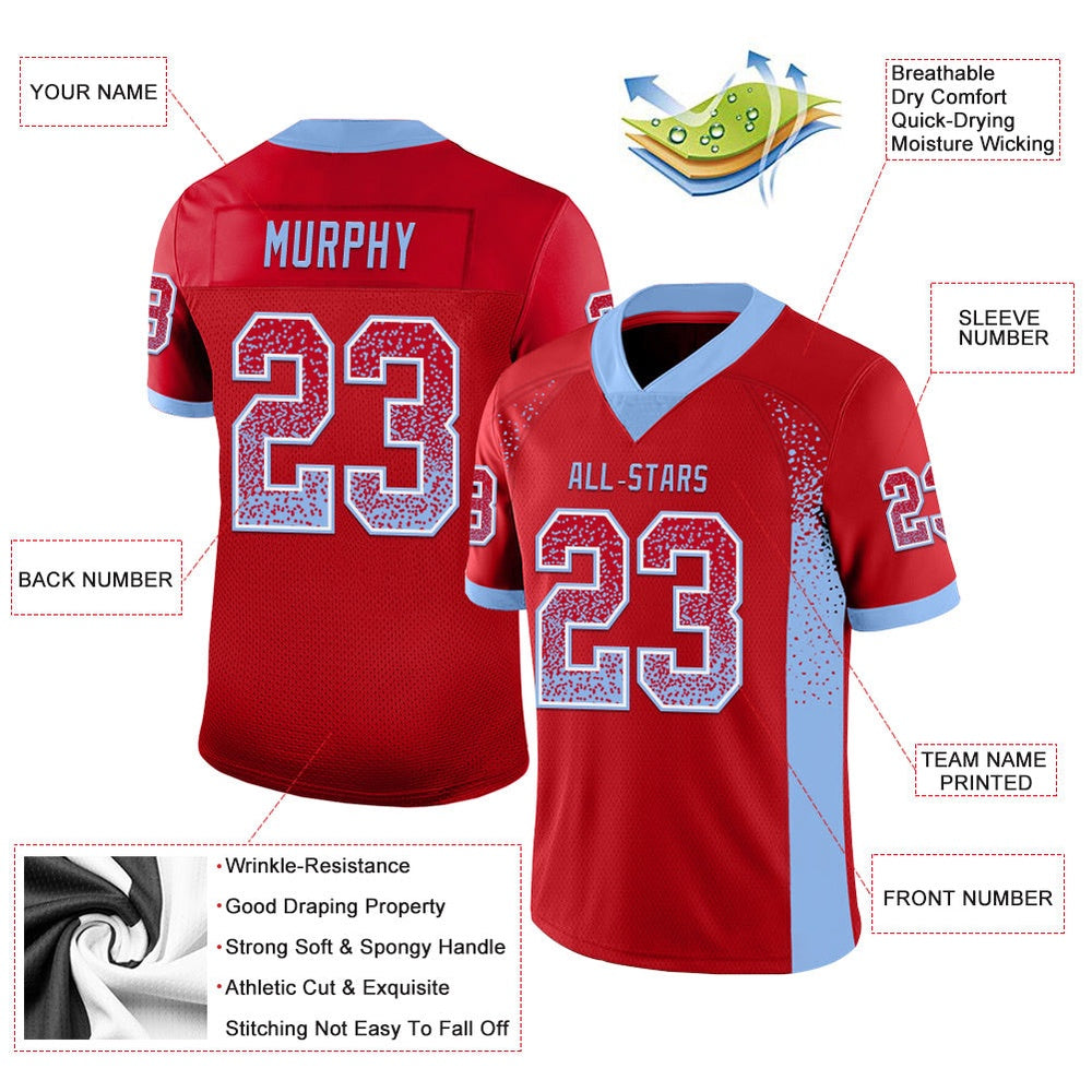Custom Red Light Blue White Mesh Drift Fashion Football Jersey, Team Jerseys Football, Custom Football Jersey