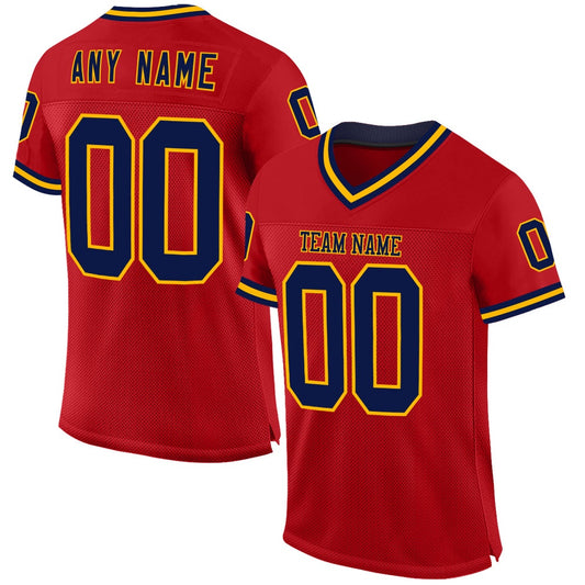 Custom Red Navy Gold Mesh Authentic Throwback Football Jersey, Team Jerseys Football, Custom Football Jersey