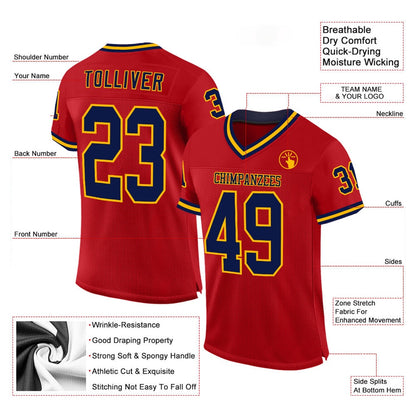 Custom Red Navy Gold Mesh Authentic Throwback Football Jersey, Team Jerseys Football, Custom Football Jersey