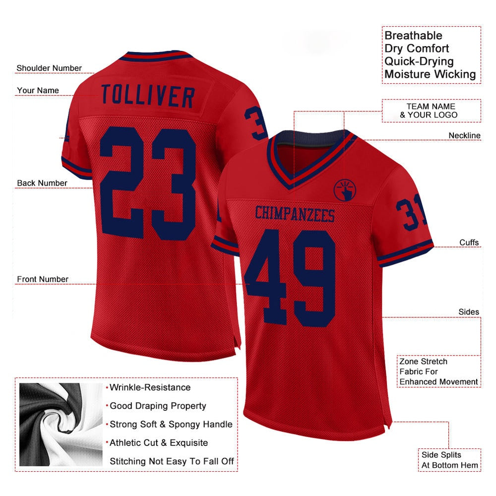 Custom Red Navy Mesh Authentic Throwback Football Jersey, Team Jerseys Football, Custom Football Jersey