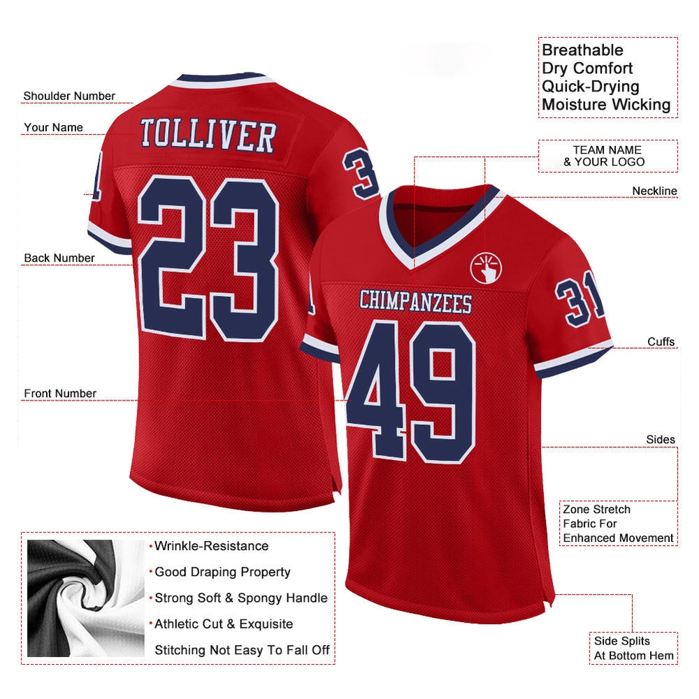 Custom Red Navy White Mesh Authentic Throwback Football Jersey, Team Jerseys Football, Custom Football Jersey