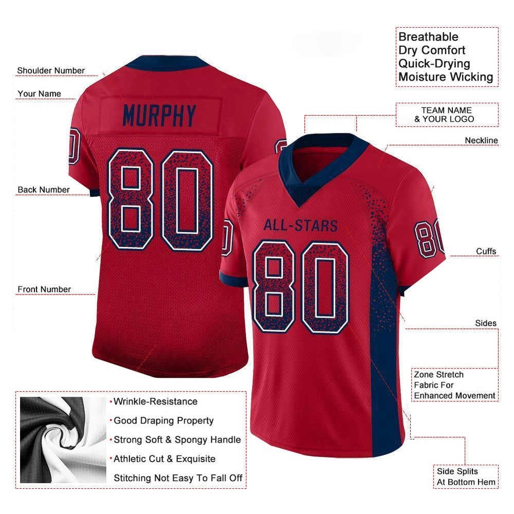 Custom Red Navy White Mesh Drift Fashion Football Jersey, Team Jerseys Football, Custom Football Jersey