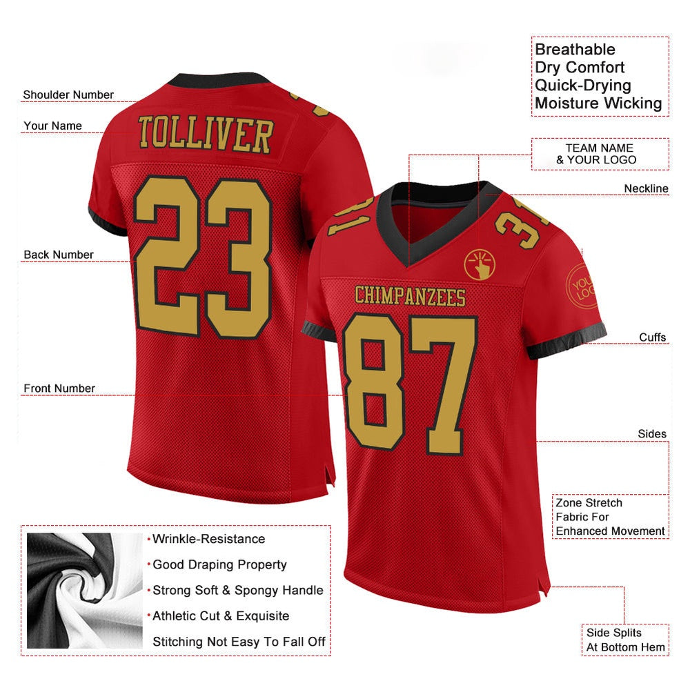 Custom Red Old Gold Black Mesh Authentic Football Jersey, Team Jerseys Football, Custom Football Jersey