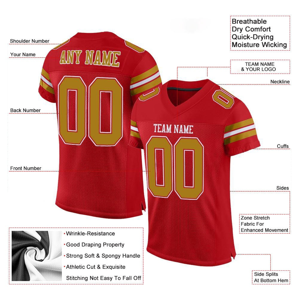 Custom Red Old Gold White Mesh Authentic Football Jersey, Team Jerseys Football, Custom Football Jersey