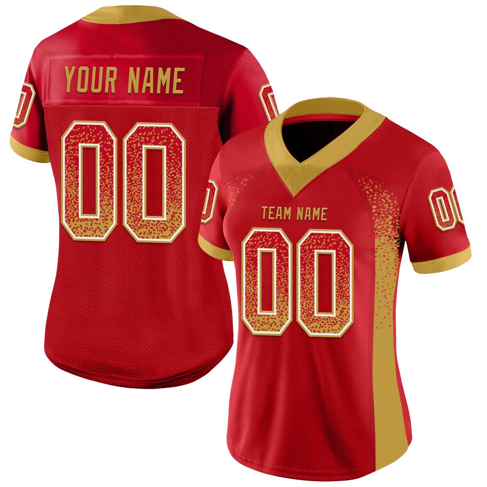 Custom Red Old Gold White Mesh Drift Fashion Football Jersey, Team Jerseys Football, Custom Football Jersey