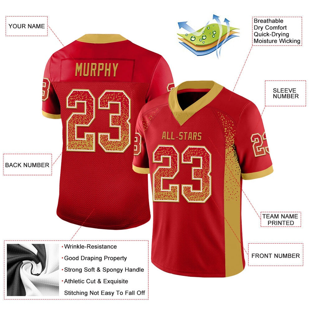 Custom Red Old Gold White Mesh Drift Fashion Football Jersey, Team Jerseys Football, Custom Football Jersey