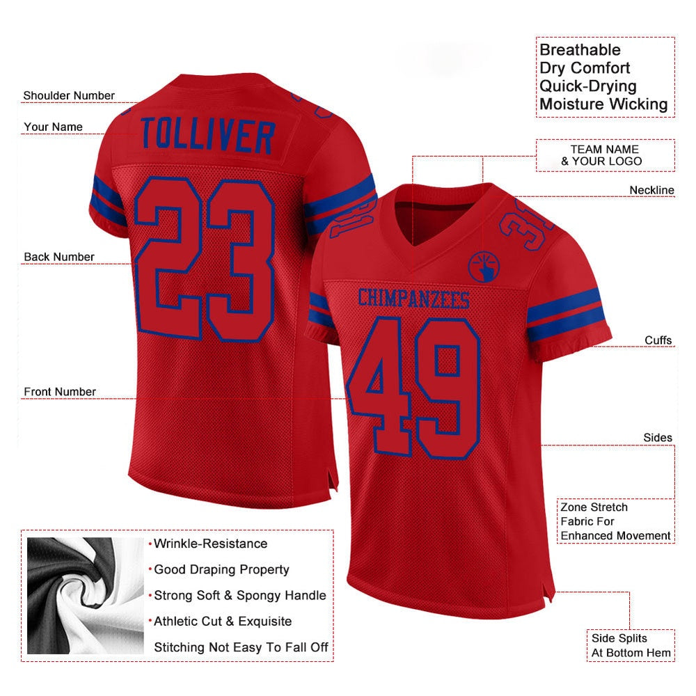 Custom Red Red Royal Mesh Authentic Football Jersey, Team Jerseys Football, Custom Football Jersey