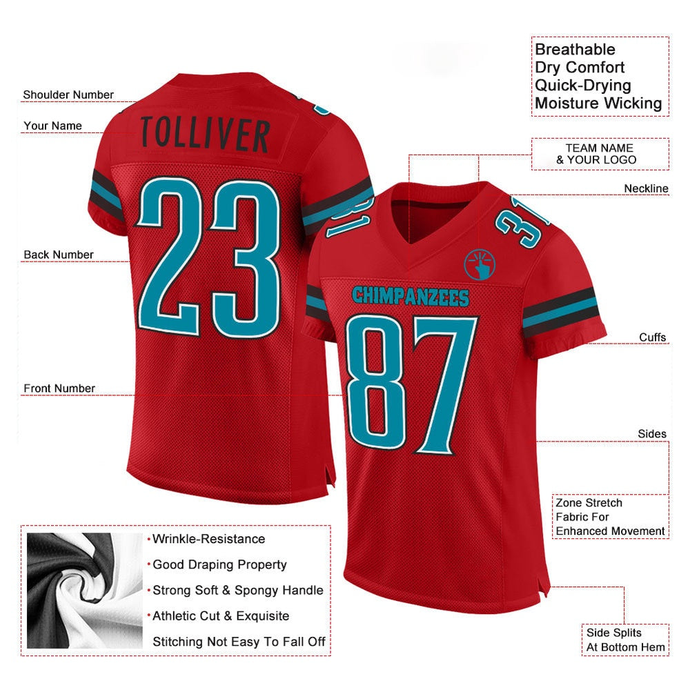 Custom Red Teal Black Mesh Authentic Football Jersey, Team Jerseys Football, Custom Football Jersey