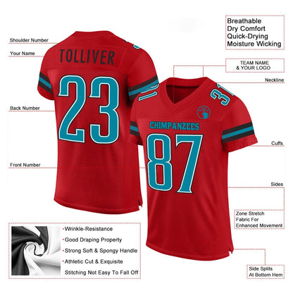 Custom Red Teal Black Mesh Authentic Football Jersey, Team Jerseys Football, Custom Football Jersey