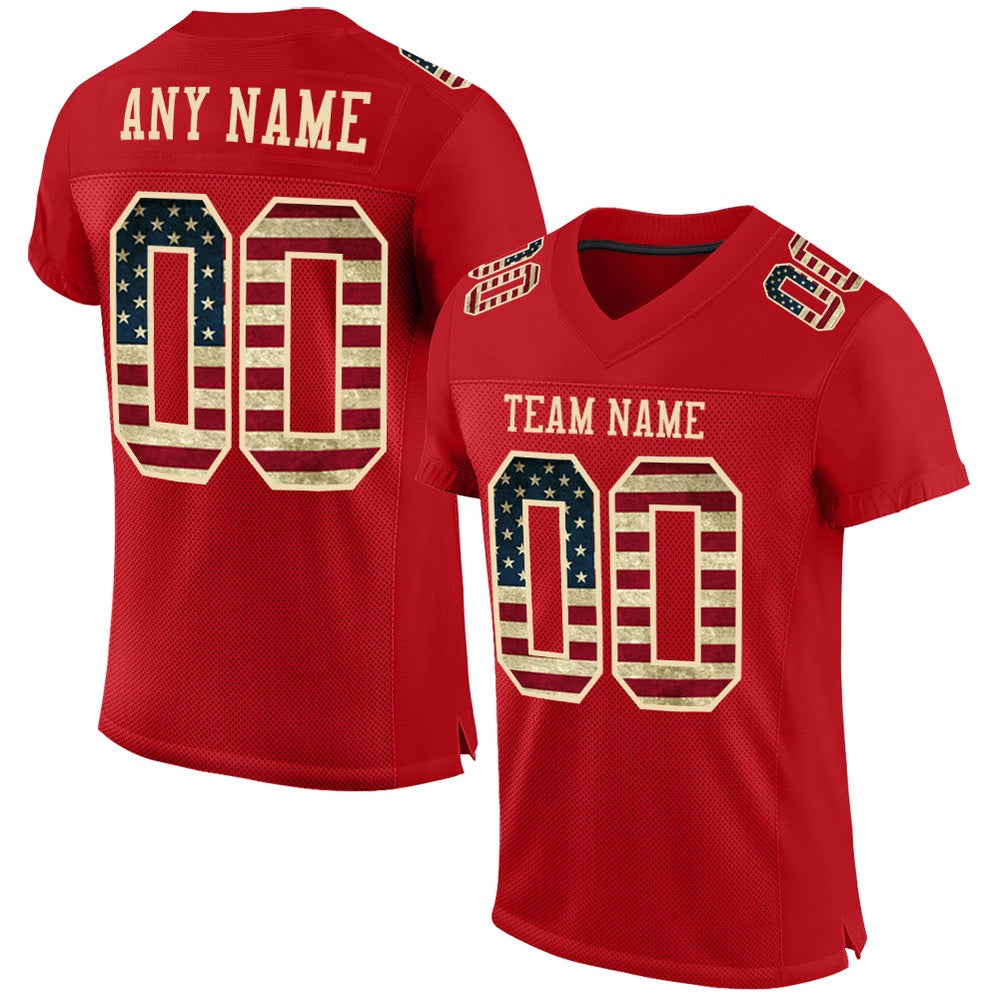 Custom Red Vintage USA Flag City Cream Mesh Authentic Football Jersey, Team Jerseys Football, Custom Football Jersey