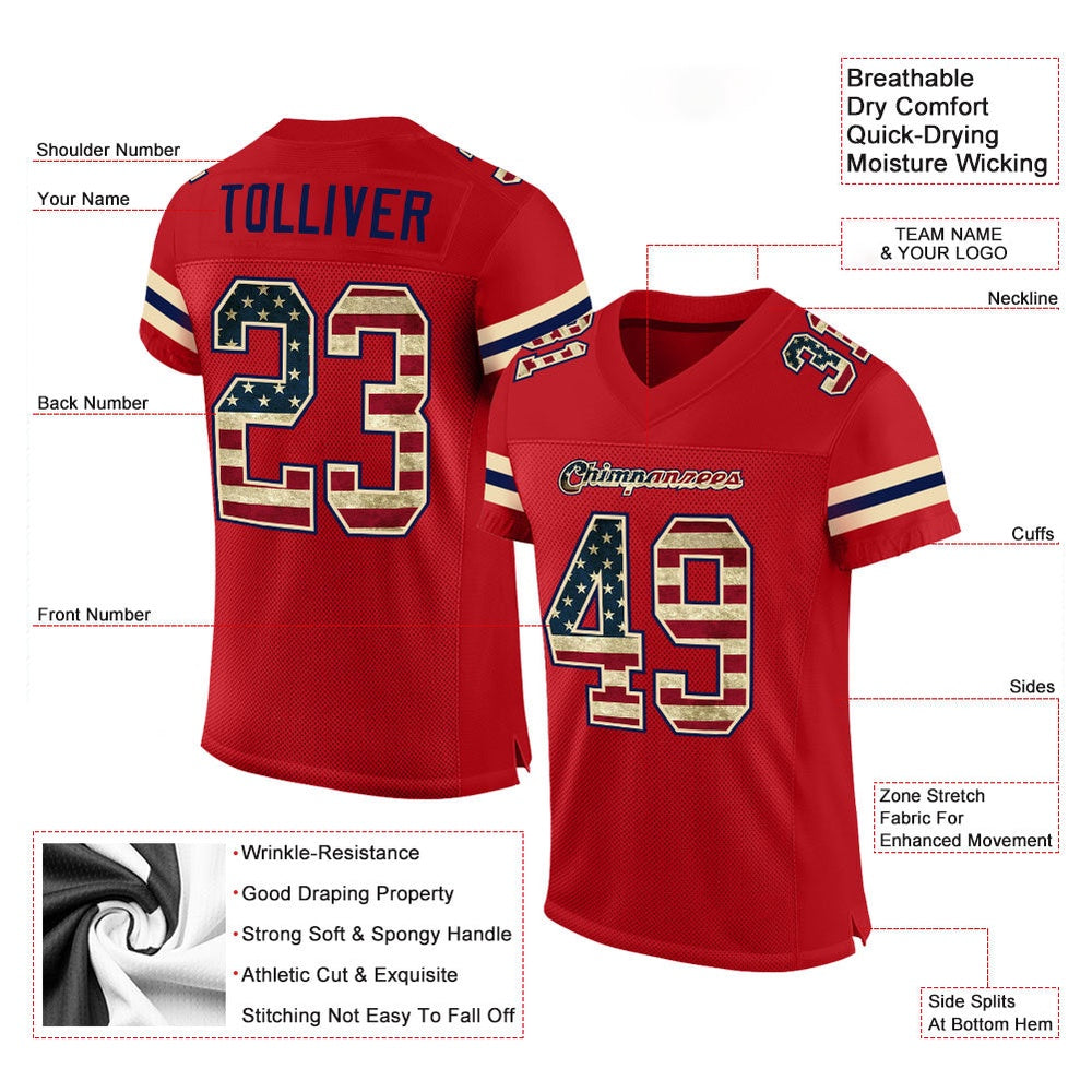 Custom Red Vintage USA Flag Cream Mesh Authentic Football Jersey, Team Jerseys Football, Custom Football Jersey