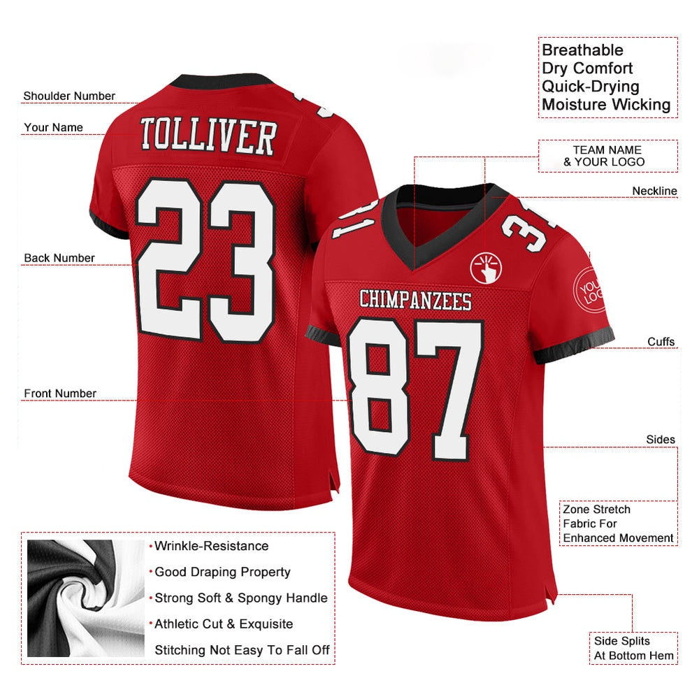 Custom Red White Black Mesh Authentic Football Jersey, Team Jerseys Football, Custom Football Jersey