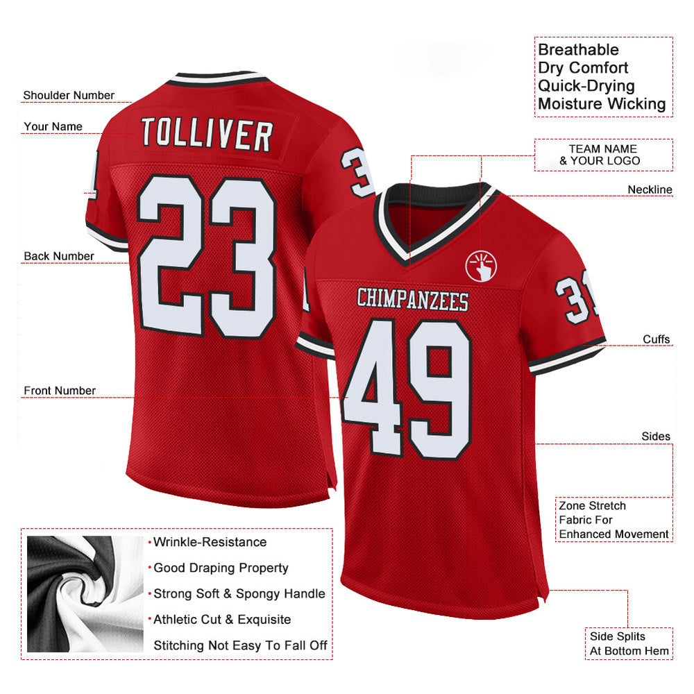 Custom Red White Black Mesh Authentic Throwback Football Jersey, Team Jerseys Football, Custom Football Jersey