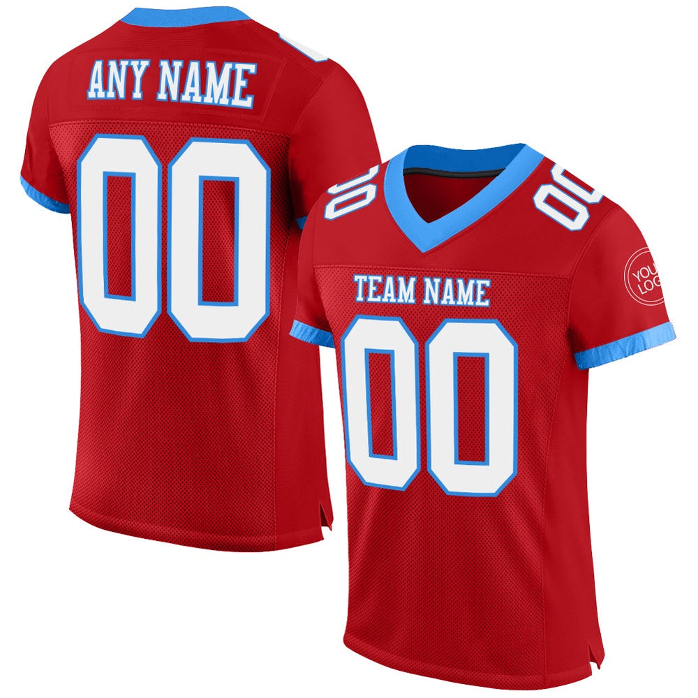 Custom Red White Electric Blue Mesh Authentic Football Jersey, Team Jerseys Football, Custom Football Jersey