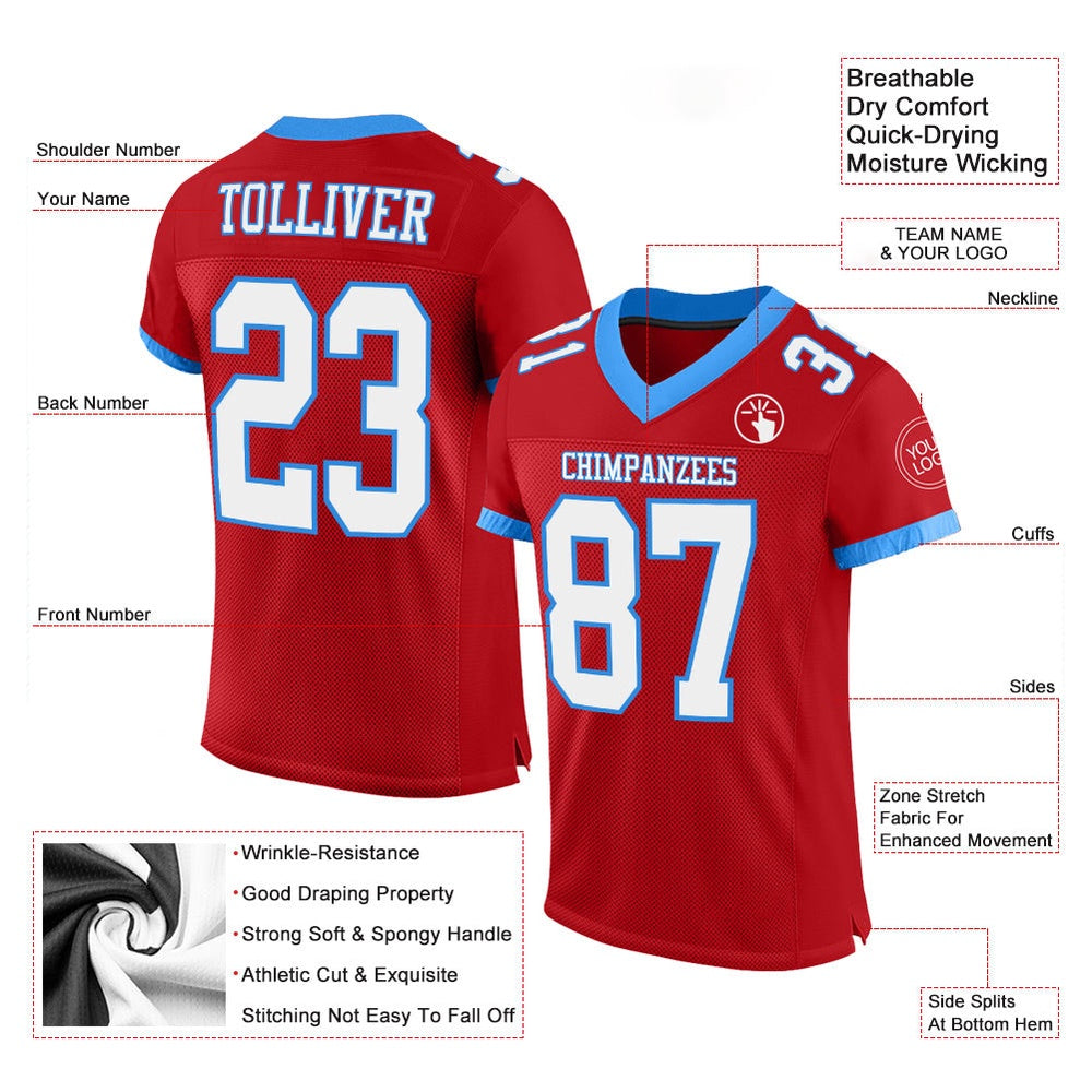 Custom Red White Electric Blue Mesh Authentic Football Jersey, Team Jerseys Football, Custom Football Jersey