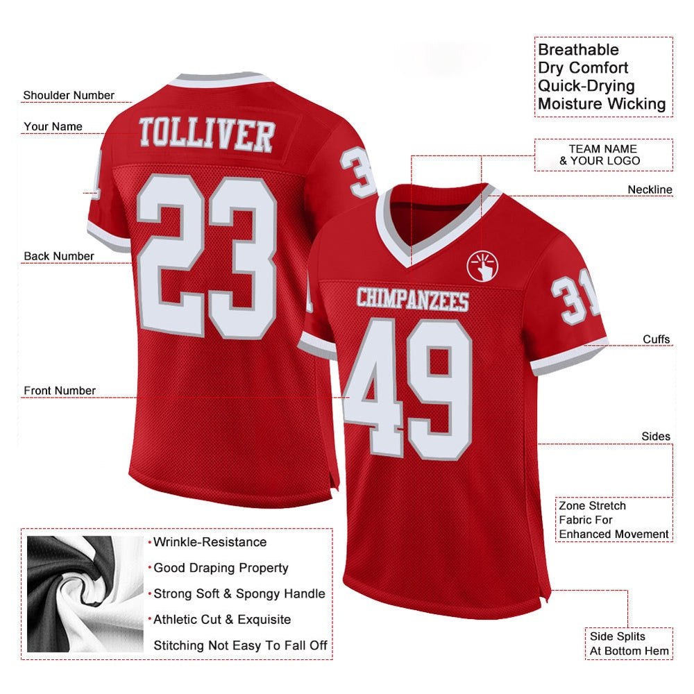 Custom Red White Gray Mesh Authentic Throwback Football Jersey, Team Jerseys Football, Custom Football Jersey
