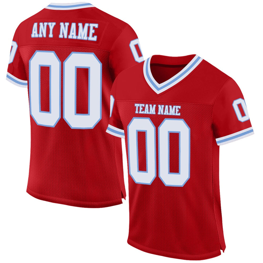 Custom Red White Light Blue Mesh Authentic Throwback Football Jersey, Team Jerseys Football, Custom Football Jersey