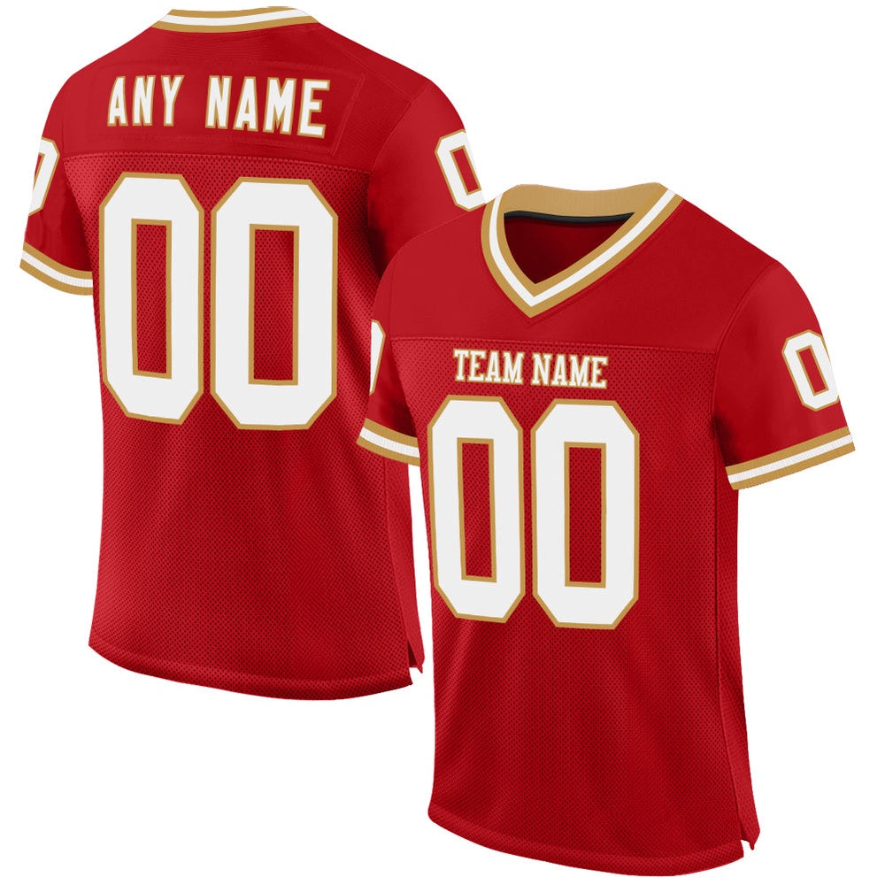 Custom Red White Old Gold Mesh Authentic Throwback Football Jersey, Team Jerseys Football, Custom Football Jersey