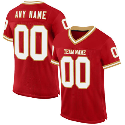 Custom Red White Old Gold Mesh Authentic Throwback Football Jersey, Team Jerseys Football, Custom Football Jersey