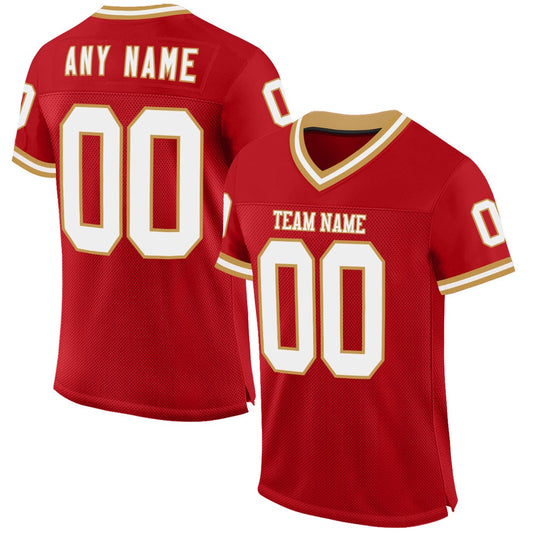 Custom Red White Old Gold Mesh Authentic Throwback Football Jersey, Team Jerseys Football, Custom Football Jersey