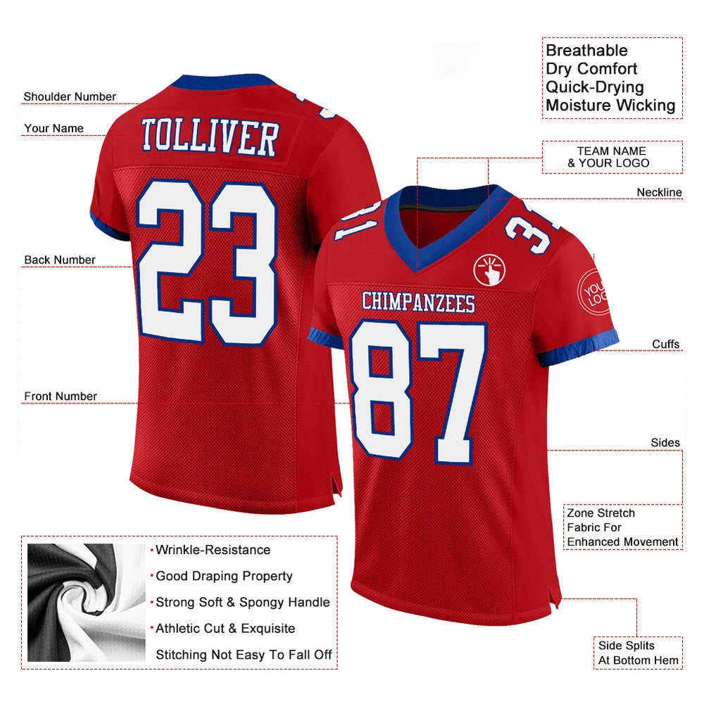 Custom Red White Royal Mesh Authentic Football Jersey, Team Jerseys Football, Custom Football Jersey