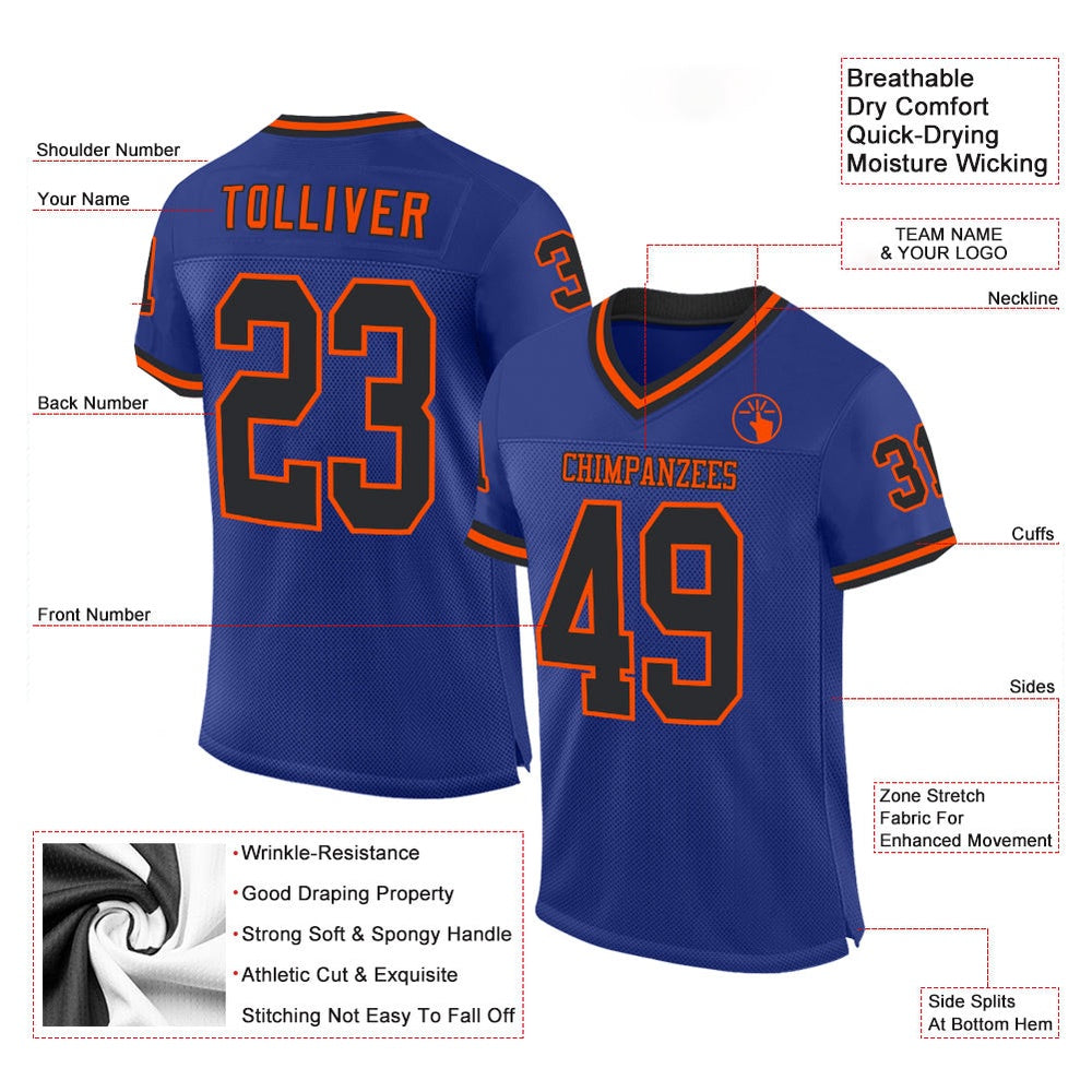 Custom Royal Black Orange Mesh Authentic Throwback Football Jersey, Team Jerseys Football, Custom Football Jersey