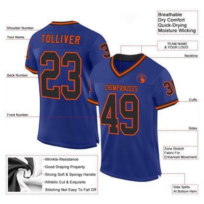 Custom Royal Black Orange Mesh Authentic Throwback Football Jersey, Team Jerseys Football, Custom Football Jersey