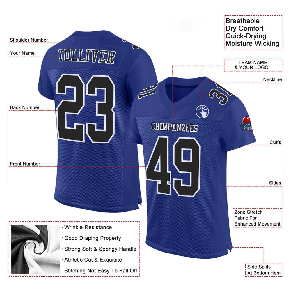 Custom Royal Black White Mesh Authentic Football Jersey, Team Jerseys Football, Custom Football Jersey