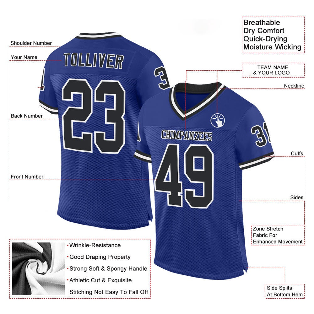 Custom Royal Black White Mesh Authentic Throwback Football Jersey, Team Jerseys Football, Custom Football Jersey